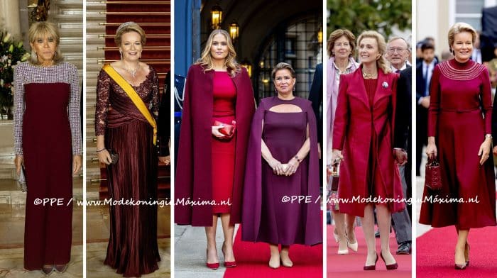 Veel dames in wijnrode kleding. De trendkleur van 2025 2026